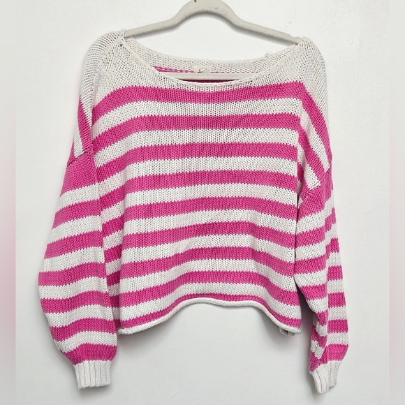 Aerie Off-the-Shoulder Boat Neckline Pink&White Stripe Cotton Blend XL Sweater - Picture 1 of 11